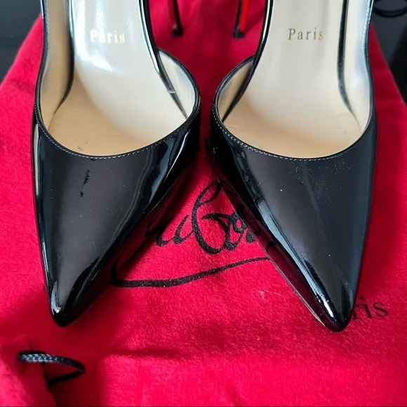 💯 Authentic CHRISTIAN LOUBOUTIN Iriza Patent Open-Side Red Sole Pump Black - Picture 6 of 10